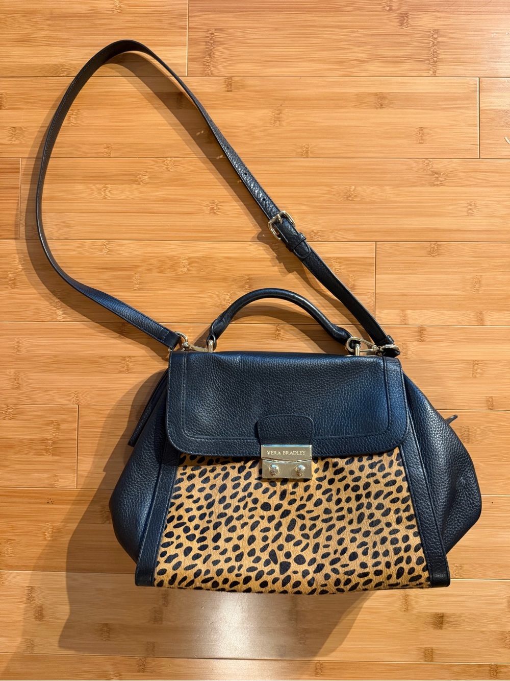 Vera Bradley Stella Mini Satchel — Black Leather + Cheetah Calf Hair